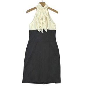 Sheike Black Pinstripe Ruffle‎ Halter Neck Dress Womens Sz 14 Cocktail Career